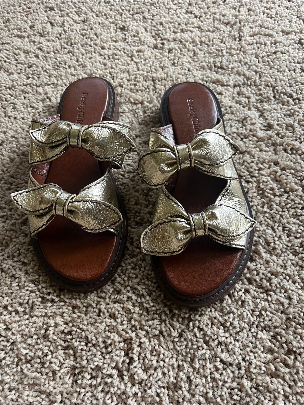 See By Chloé Metallic Gold Bow Slide Sandals